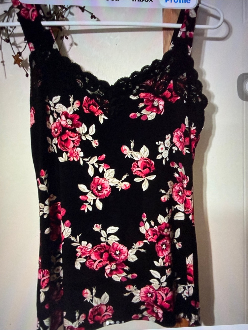 White House Black Market black Floral Lace-Trim Cami Top - Pink Rose Print